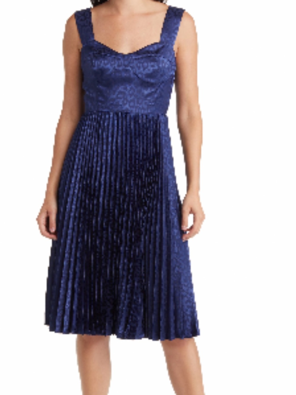 Navy Pleated Midi Dress - Elegant Square Neck